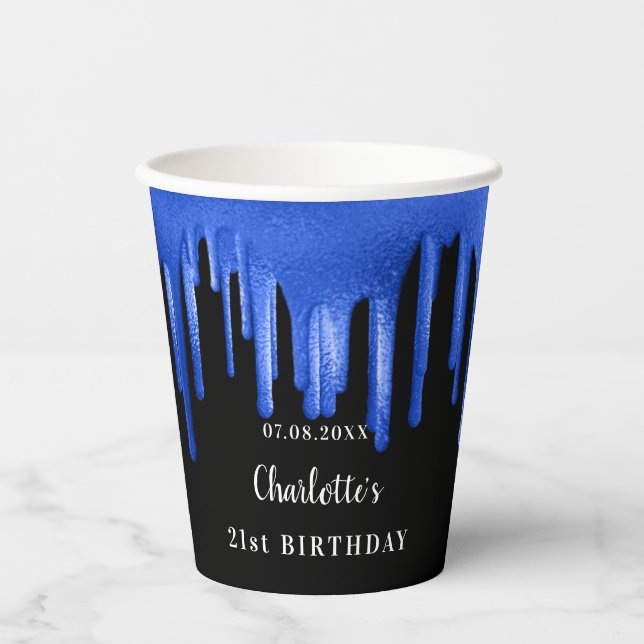 Vasos De Papel Purpurina azul real negro de cumpleaños gotea mono (Anverso)