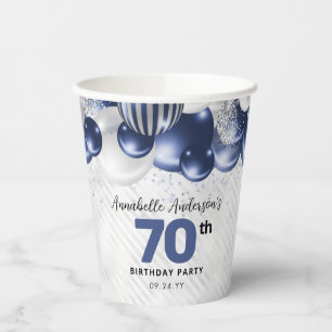 Vasos De Papel Purpurina de globo Navy Blue Silver 70 cumpleaños