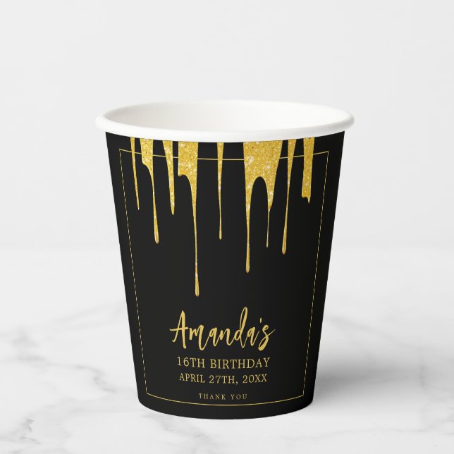 Vasos De Papel Purpurina de oro de lujo gotea dulce 16 cumpleaños (Anverso)