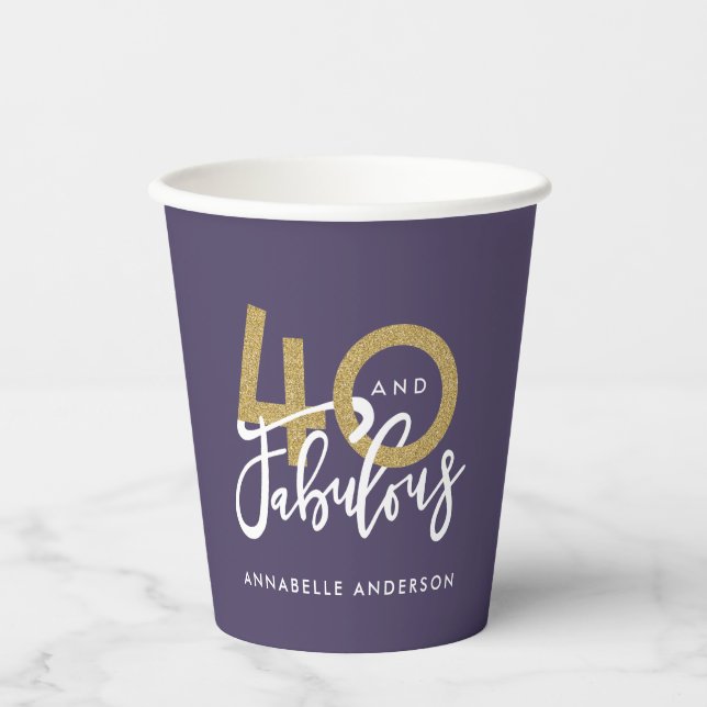 Vasos De Papel purpurina de oro morado moderno elegante cumpleaño (Anverso)