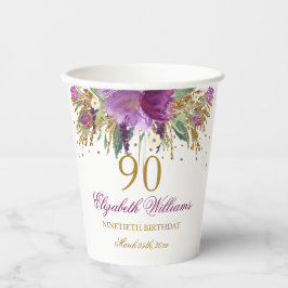 Vasos De Papel Purpurina floral Sparkling Amethyst 90th Birthday