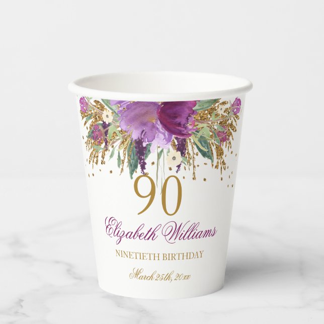 Vasos De Papel Purpurina floral Sparkling Amethyst 90th Birthday (Anverso)