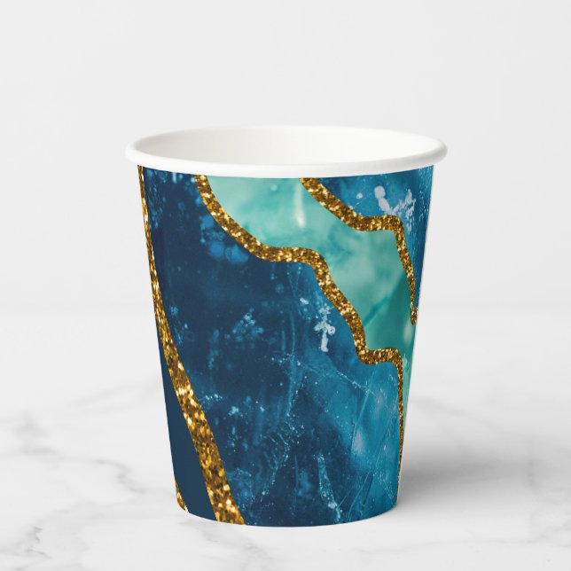 Vasos De Papel Purpurina Geode de la Agate Azul y Oro (Reverso )