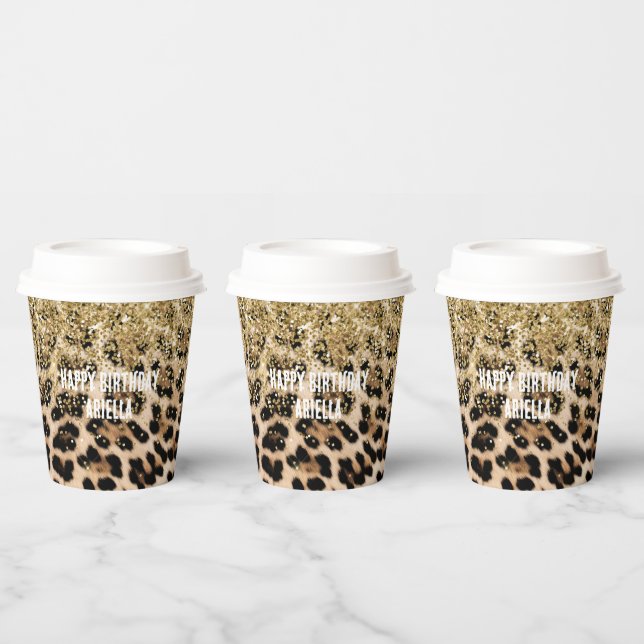 Vasos De Papel Purpurina Glam Gold Cream Leopard Print (Multi)
