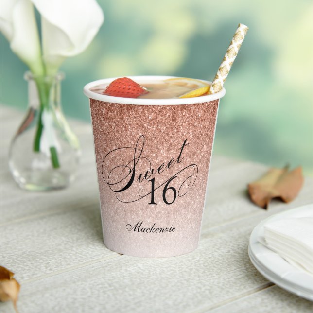 Vasos De Papel Purpurina Glam Sweet 16 Rosa Gold Personalizado (in situ)