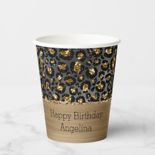 Vasos De Papel Purpurina Gold Black Leopard