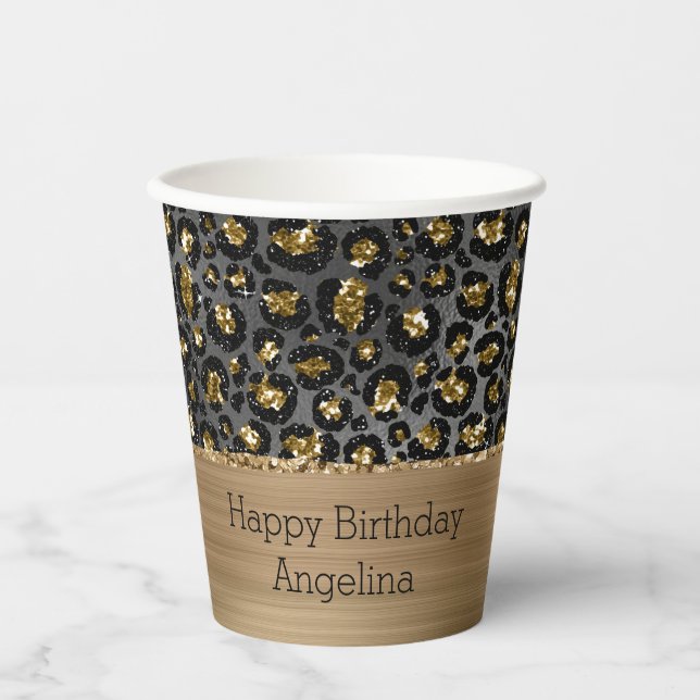 Vasos De Papel Purpurina Gold Black Leopard (Anverso)
