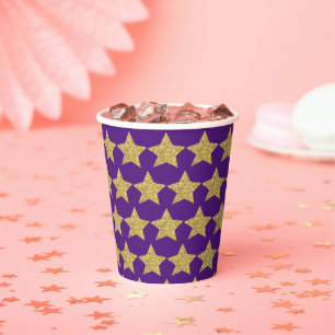Vasos De Papel Purpurina Gold Stars Purple