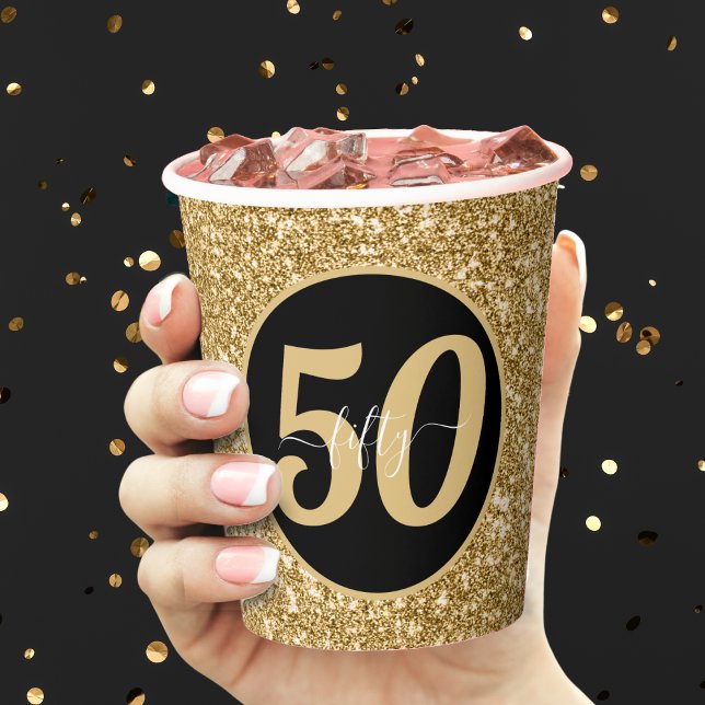 Vasos De Papel Purpurina Negro y Oro 50 Cincuenta Años 50 Años Cu (black and gold glitter 50th birthday party paper cup)
