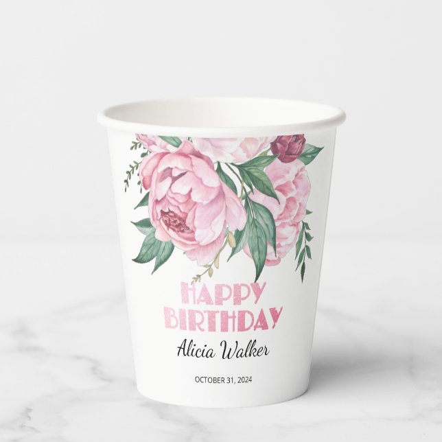 Vasos De Papel Purpurina Pink Peony Floral Greeneration Cumpleaño (Reverso )