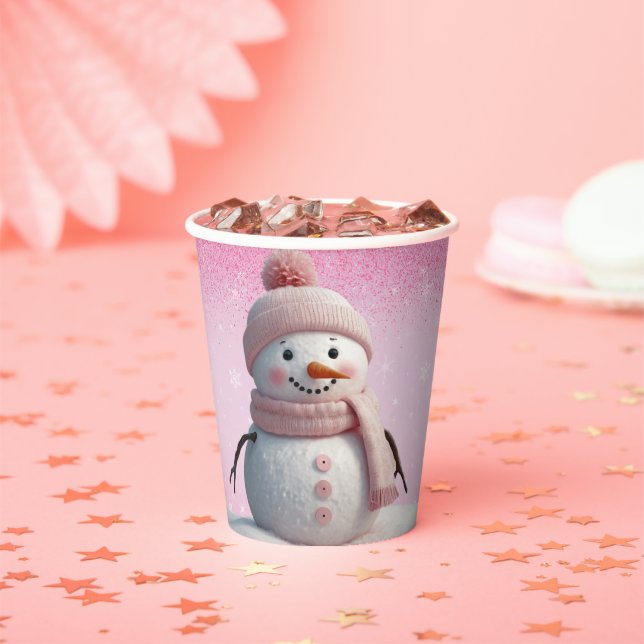 Vasos De Papel Purpurina rosado Winter Snowman Baby Shower (in situ)