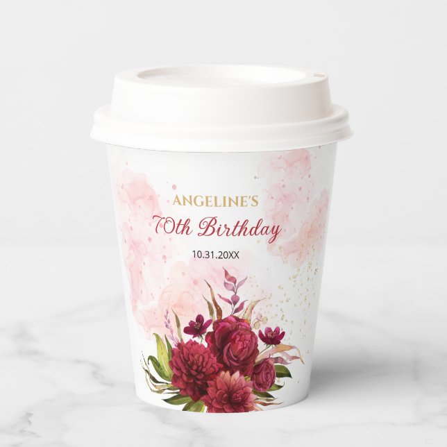 Vasos De Papel Purpurina Splash Burgundy Dahlia Rosa Cumpleaños (Anverso)