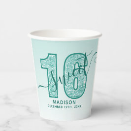 Vasos De Papel Purpurina verde azulado Script Sweet 16 decimosext