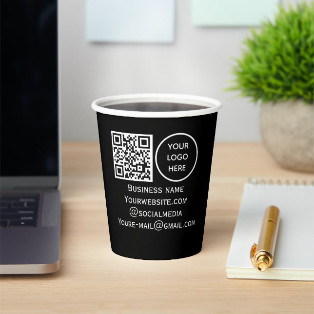 Vasos De Papel QR Code Business Logo Profesional Negro Moderno (in situ)