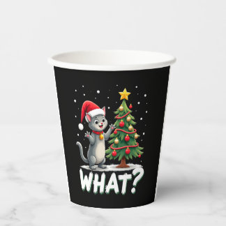 Vasos De Papel Qué Gato Divertido Empujando Árbol De Navidad Sobr