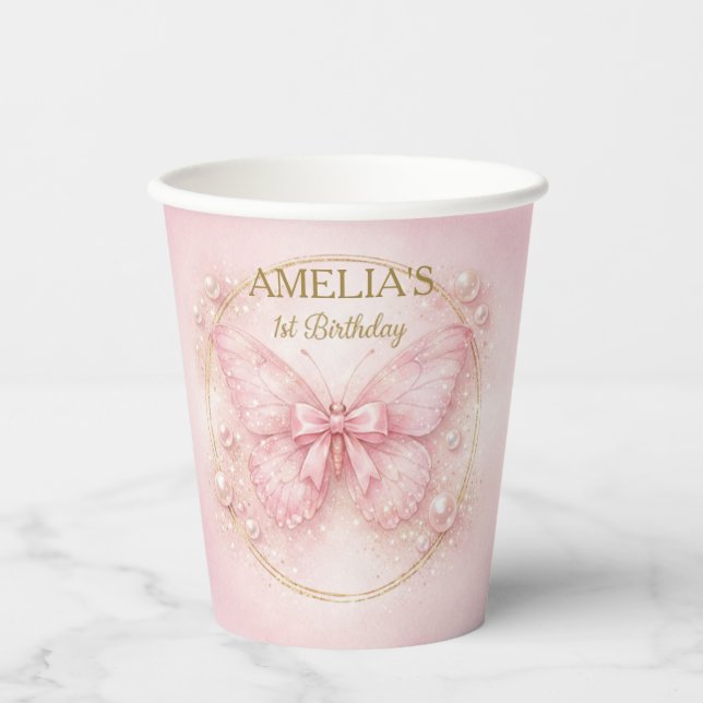Vasos De Papel Querida Cumpleañera Mariposa Rosa de 1er Cumpleaño (Anverso)