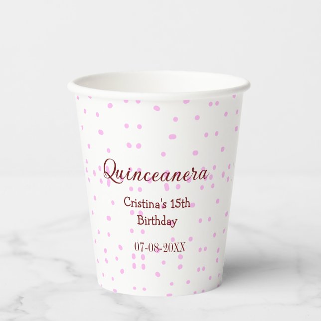 Vasos De Papel Quinceanera anos 15 años añadir puntos rosados (Anverso)