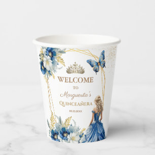 Vasos De Papel Quinceañera Cumpleaños Tiara Azul Real Naval Dorad