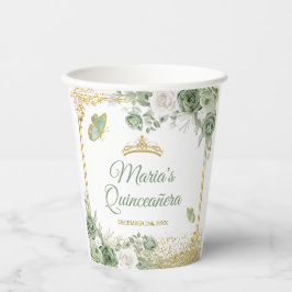 Vasos De Papel Quinceañera de oro Sage Green Crown Butfly