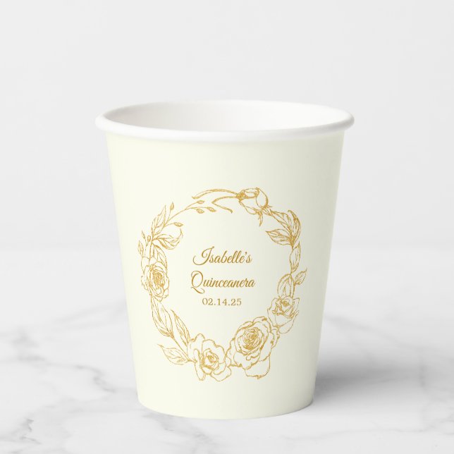 Vasos De Papel Quinceanera Fiesta Luxe Gold Rosa White (Anverso)
