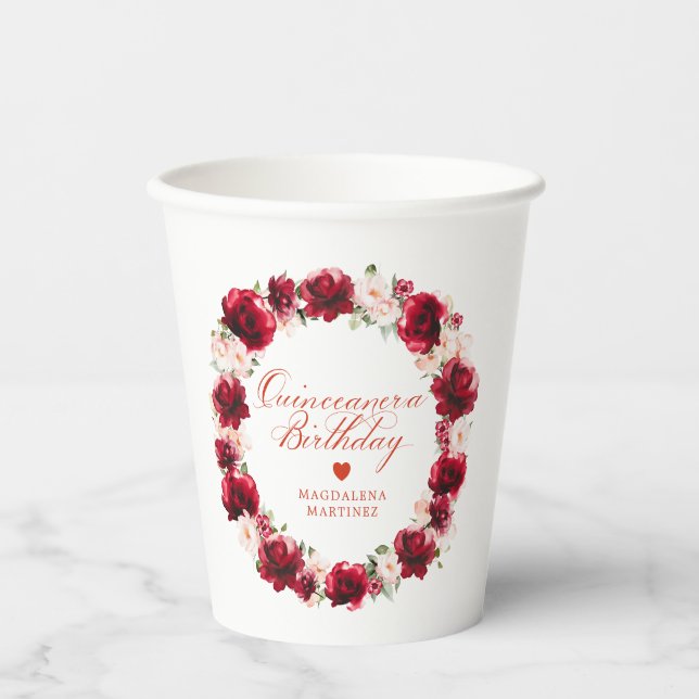 Vasos De Papel Quinceanera floral rosada personalizada (Anverso)