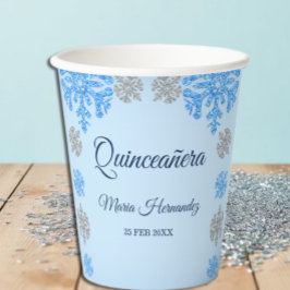 Vasos De Papel Quinceañera Ice Blue Silver Snowflake