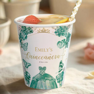 Vasos De Papel Quinceanera Napkins Esmeralda Verde Vestido Floral