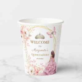 Vasos De Papel Quinceañera Rubor Floral rosa Oro Tiara Mariposa