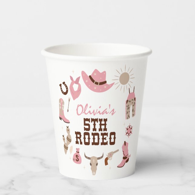 Vasos De Papel Quinto Rodeo Rosa Occidental Vaquero Cumpleaños 5 (Anverso)