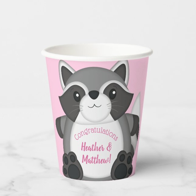Vasos De Papel Raccoon Baby Shower Pink (Anverso)