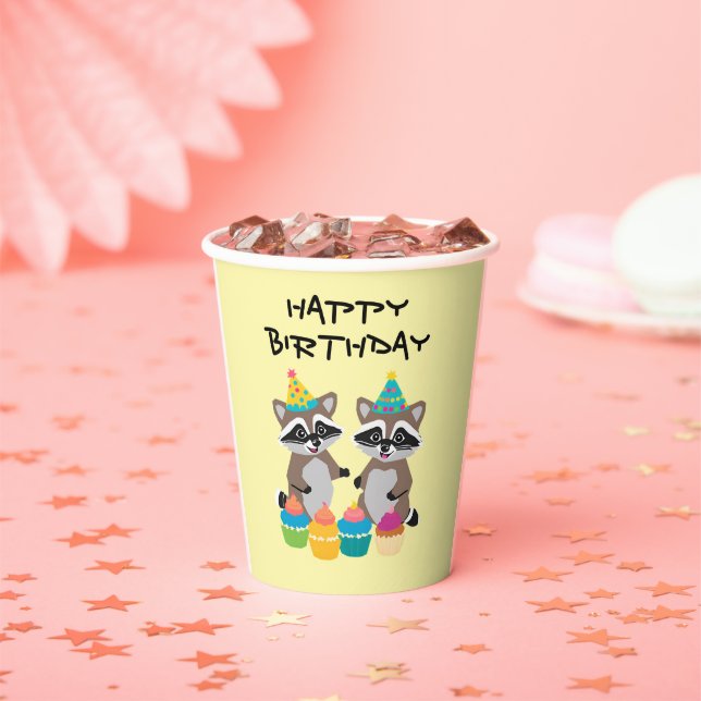 Vasos De Papel Raccoons y cupcakes amarillo claro de cumpleaños (in situ)