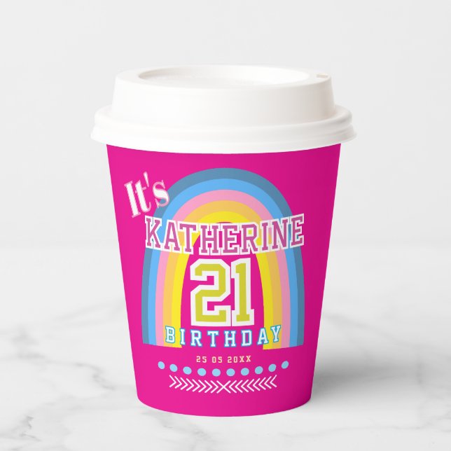 Vasos De Papel Rainbow 21st Birthday Hot Pink (Anverso)