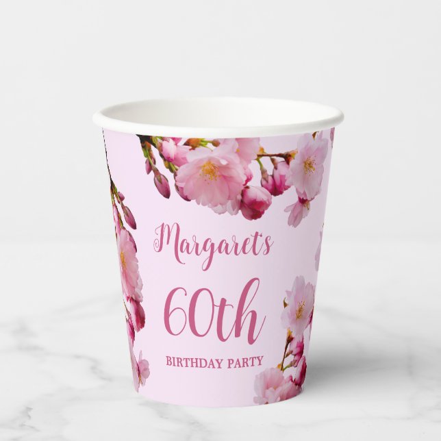 Vasos De Papel Ramas de flores de cerezo rosa Cumpleaños 60 (Anverso)