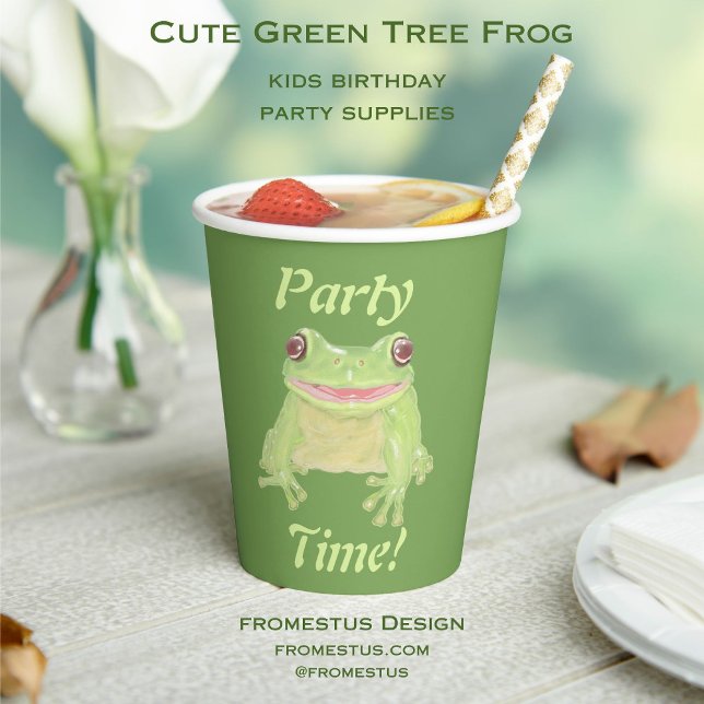 Vasos De Papel Rana de árbol verde lindo - Fiesta tiempo! texto. (Subido por el creador)