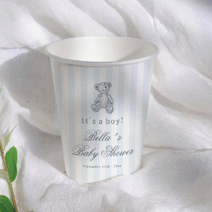 Vasos De Papel Rayas Azules Oso de Peluche Vintage Ducha de Bebe