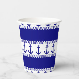 Vasos De Papel Rayas costeras de Ancla Náutica Azul Blanco