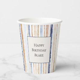 Vasos De Papel Rayas Cumpleaños Crema Azul