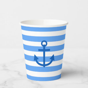 Vasos De Papel Rayas de Ancla Marina Azul y Blanco  