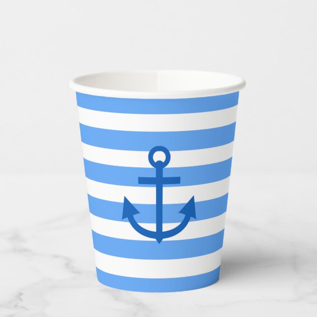 Vasos De Papel Rayas de Ancla Marina Azul y Blanco   (Izquierda)