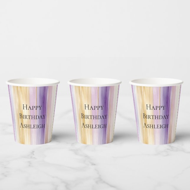 Vasos De Papel Rayas de Iris de Crema Morada Cumpleaños (Multi)