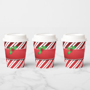 Vasos De Papel Rayas de menta roja y blanca con muérdago