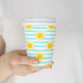 Vasos De Papel Rayas de verano cálidas de color amarillo, azul y 