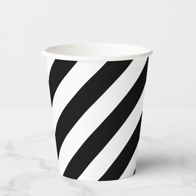 Vasos De Papel Rayas diagonales de gran tamaño en blanco y negro (Anverso)