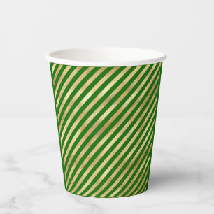 Vasos De Papel Rayas diagonales verdes y doradas en papel festivo