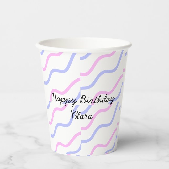 Vasos De Papel Rayas moradas rosadas feliz cumpleaños añadir nomb (Anverso)