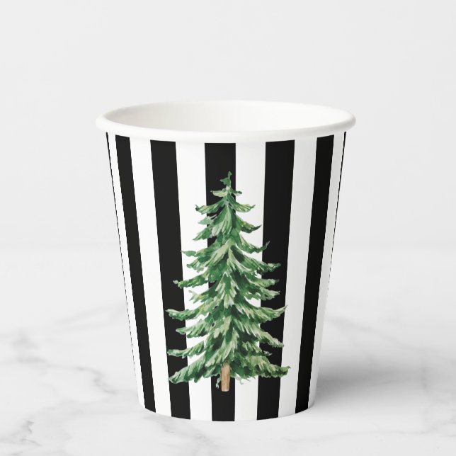 Vasos De Papel Rayas negras y blancas acuarela Árbol de Navidad (Anverso)
