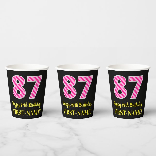 Vasos De Papel Rayas Rosadas Divertidas “87”: Feliz Cumpleaños 87 (Multi)