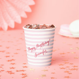 Vasos De Papel Rayas rosadas modernas Elegante monograma divertid