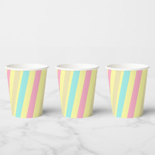 Vasos De Papel Rayas rosas, azules y marrones sobre amarillo