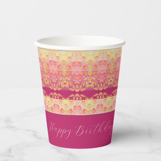 Vasos De Papel Rayas Y Patrón De Rosa (Anverso)